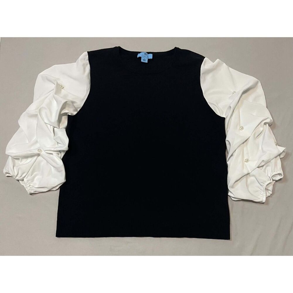 CeCe Mixed Media Ruched Pearl Lantern Sleeve Top Rich Black / White Size L